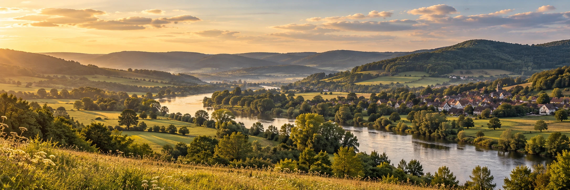 Illustrative Flusslandschaft mit sanften Hügeln im warmen Abendlicht
